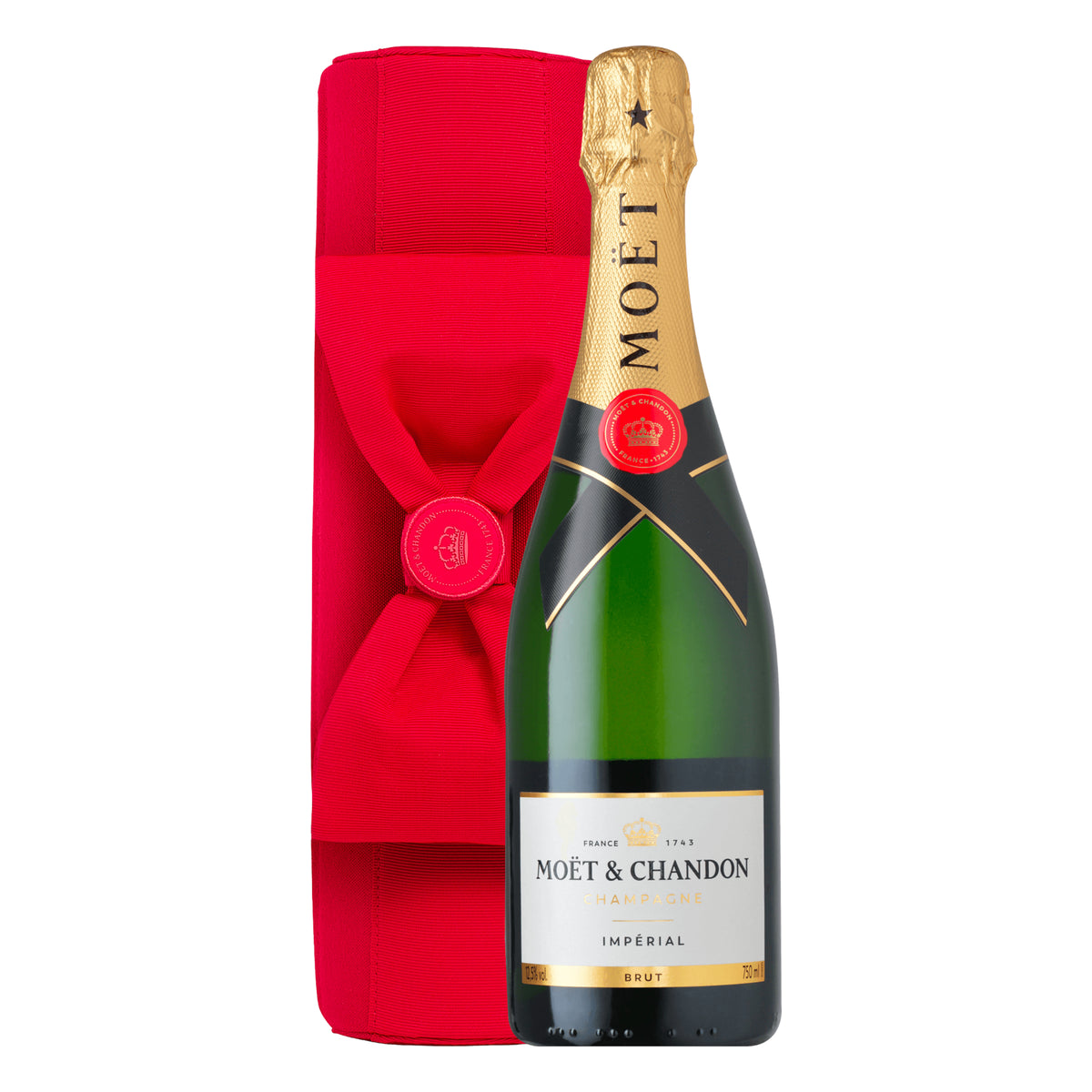 SZAMPAN MOËT & CHANDON BRUT IMPÉRIAL BOW POUCH W CZERWONYM POKROWCU Z KOKARDĄ 12,5% 0,75L